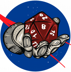 A metal gauntlet holding a twenty sided die